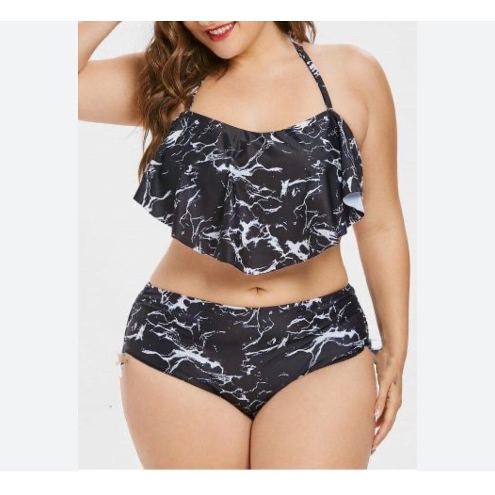 Women’s High waisted 2 Piece Flounce Top, Black Marble Print Tankini Sz.XXL NWT